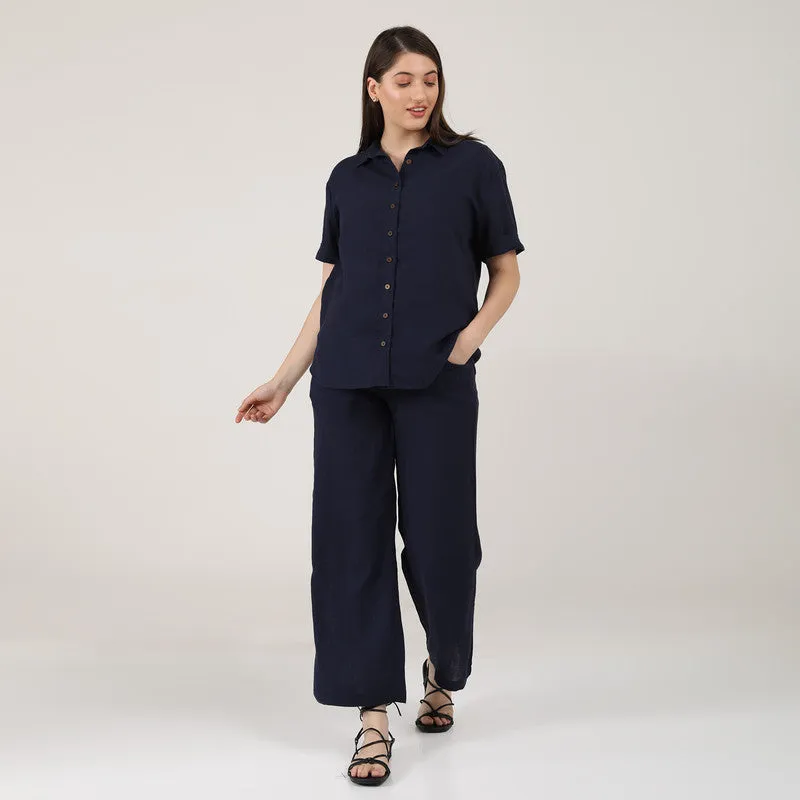 Linen Navy Blue Co Ord Set for Women | Shirt & Pant Set