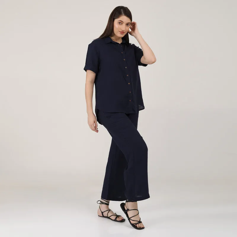 Linen Navy Blue Co Ord Set for Women | Shirt & Pant Set