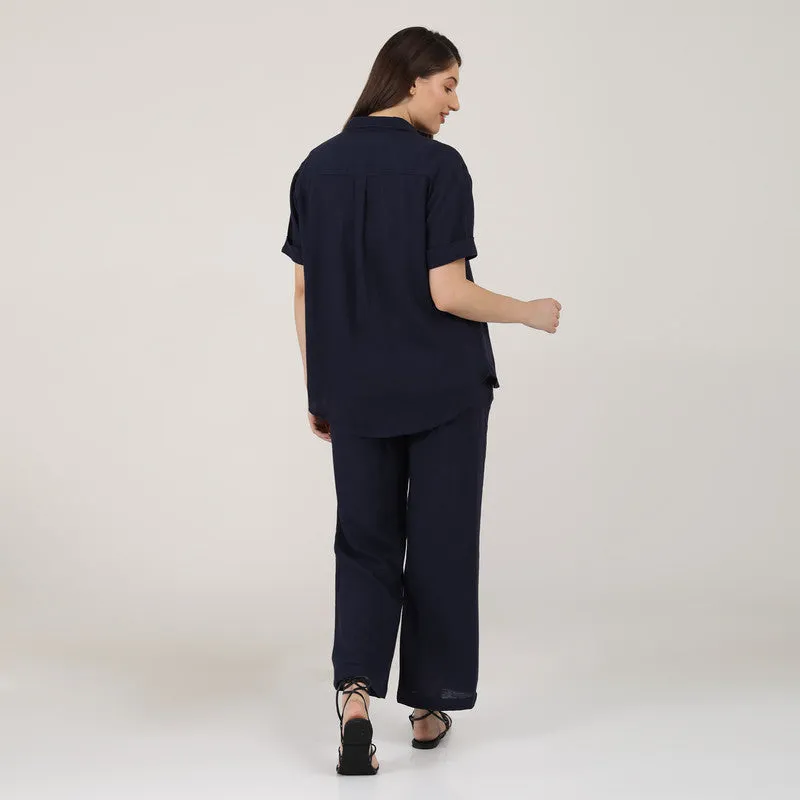 Linen Navy Blue Co Ord Set for Women | Shirt & Pant Set