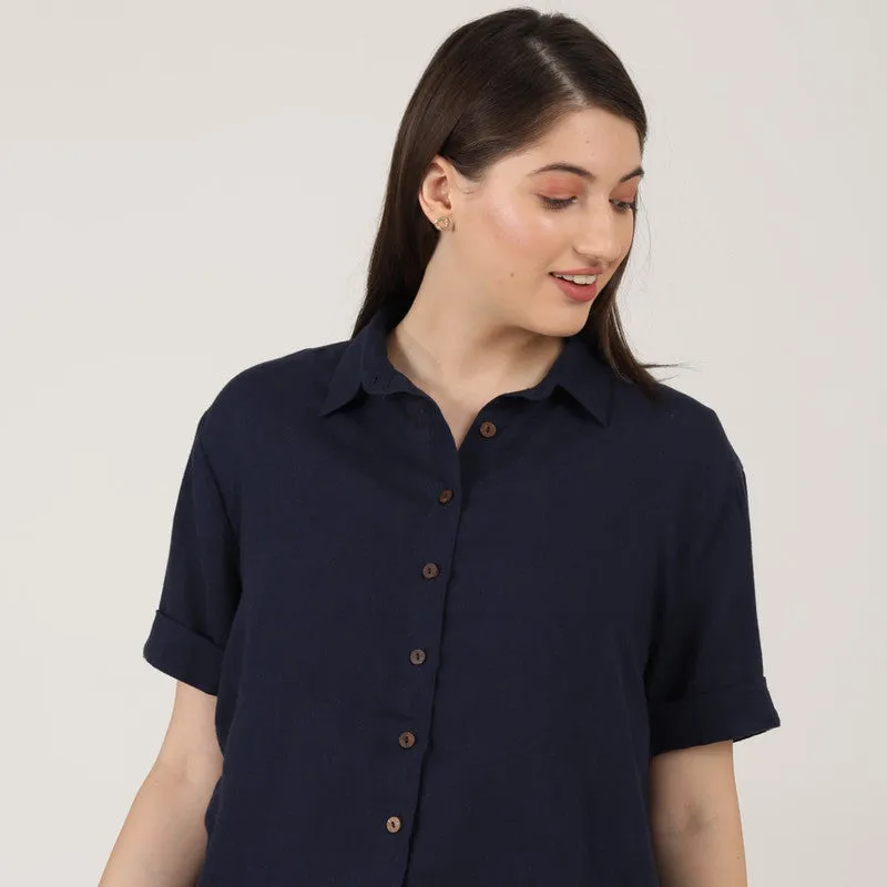 Linen Navy Blue Co Ord Set for Women | Shirt & Pant Set
