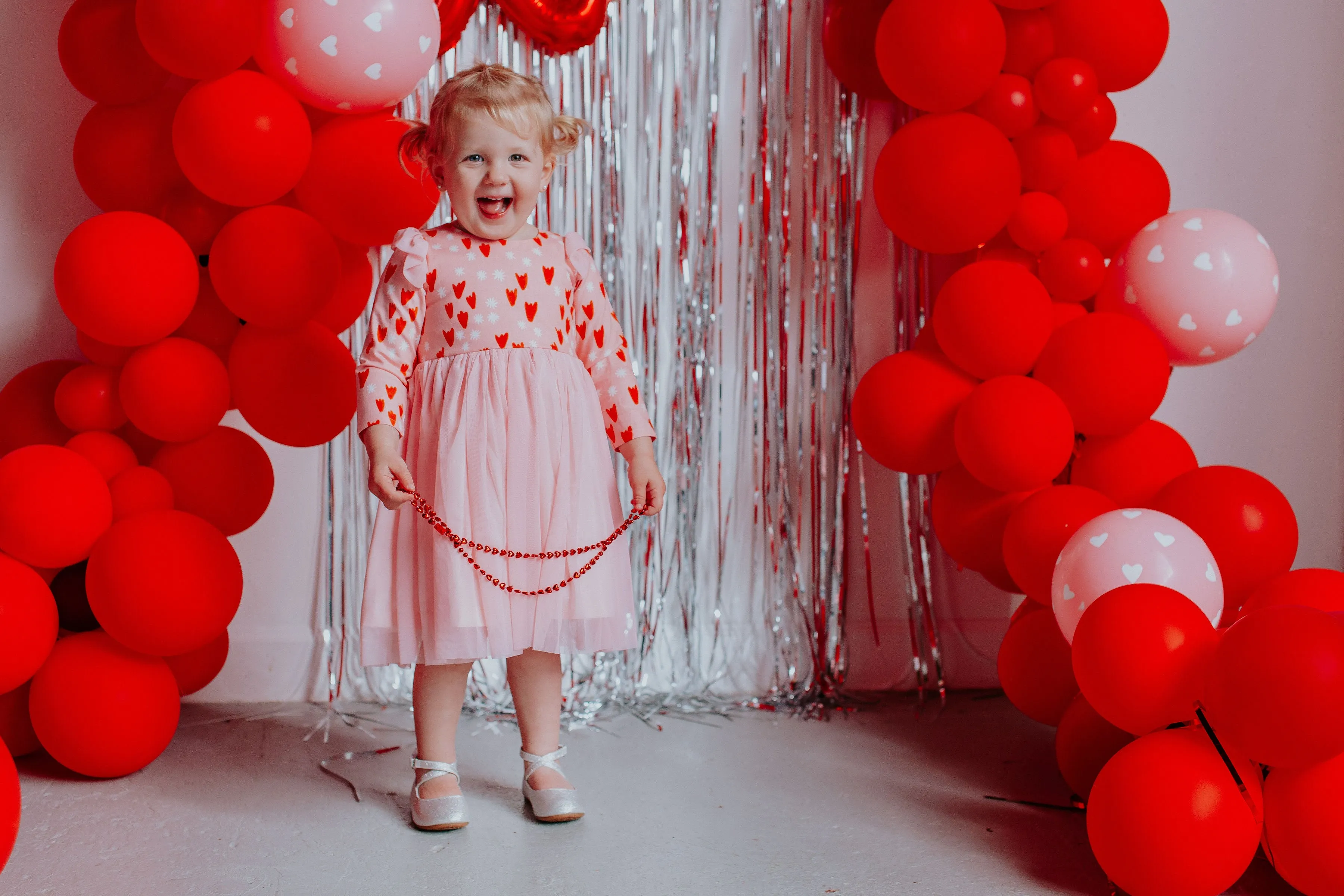 Little Girl's Pink and Red Tulip Hearts Cotton Twirl Dress with Pink Soft Tulle Skirt