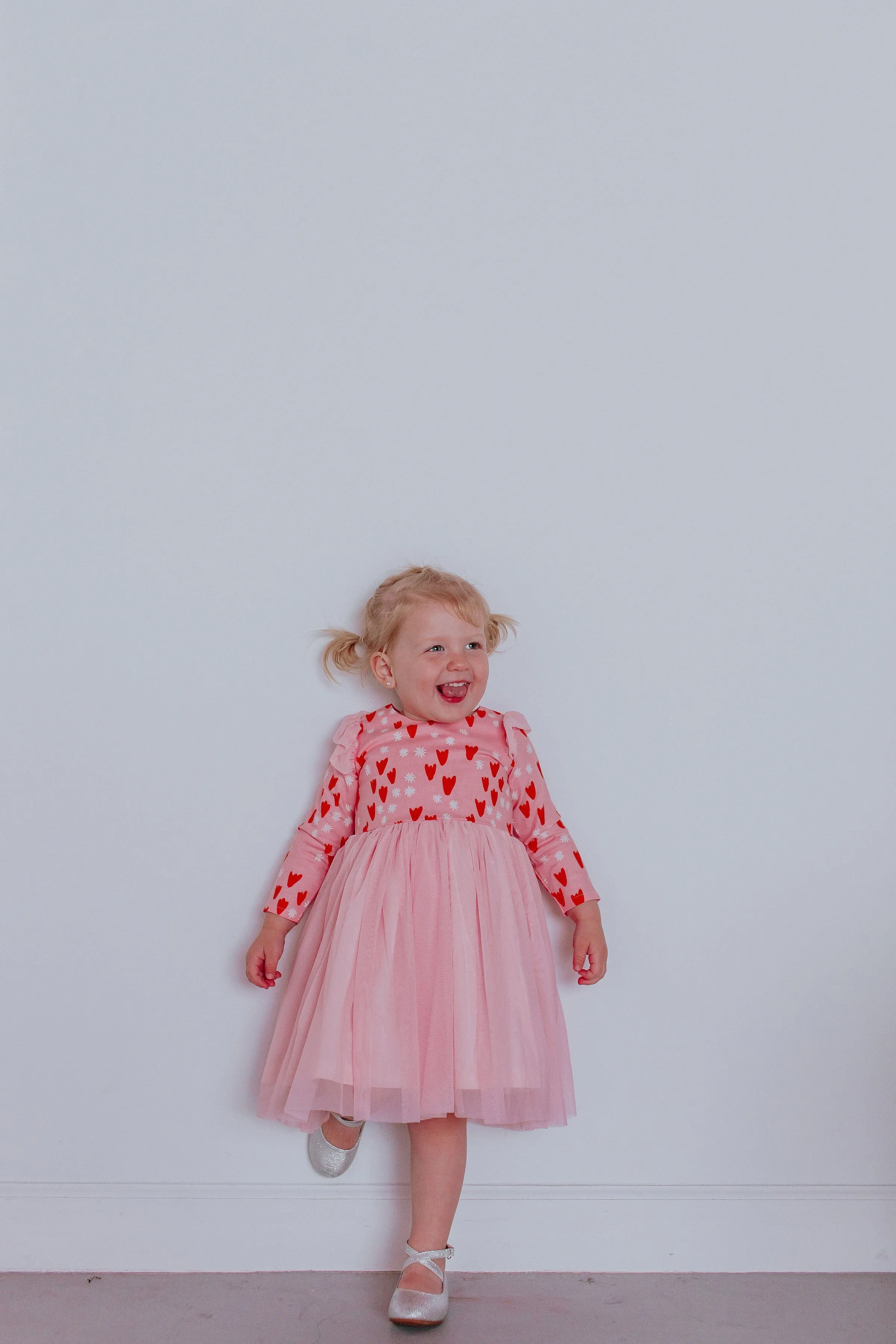 Little Girl's Pink and Red Tulip Hearts Cotton Twirl Dress with Pink Soft Tulle Skirt