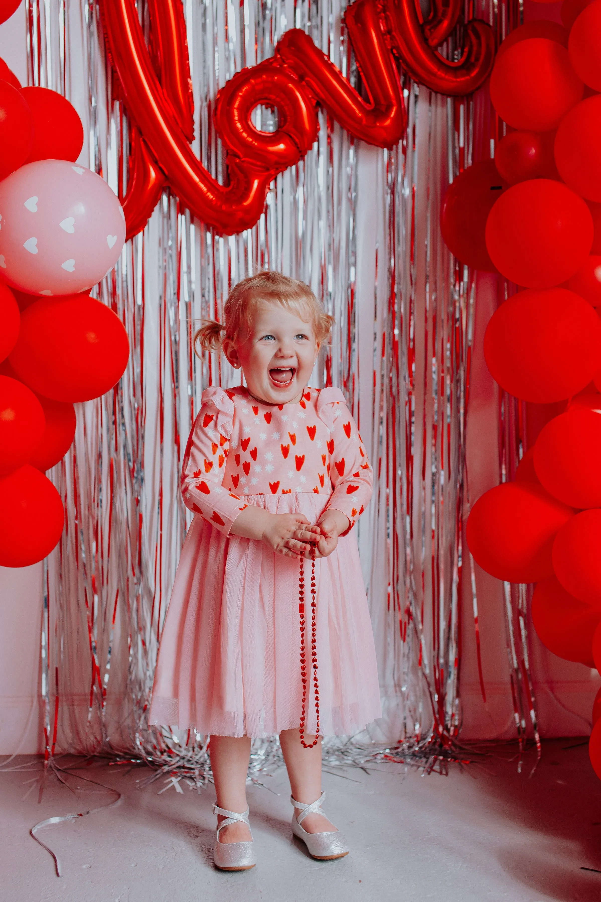 Little Girl's Pink and Red Tulip Hearts Cotton Twirl Dress with Pink Soft Tulle Skirt