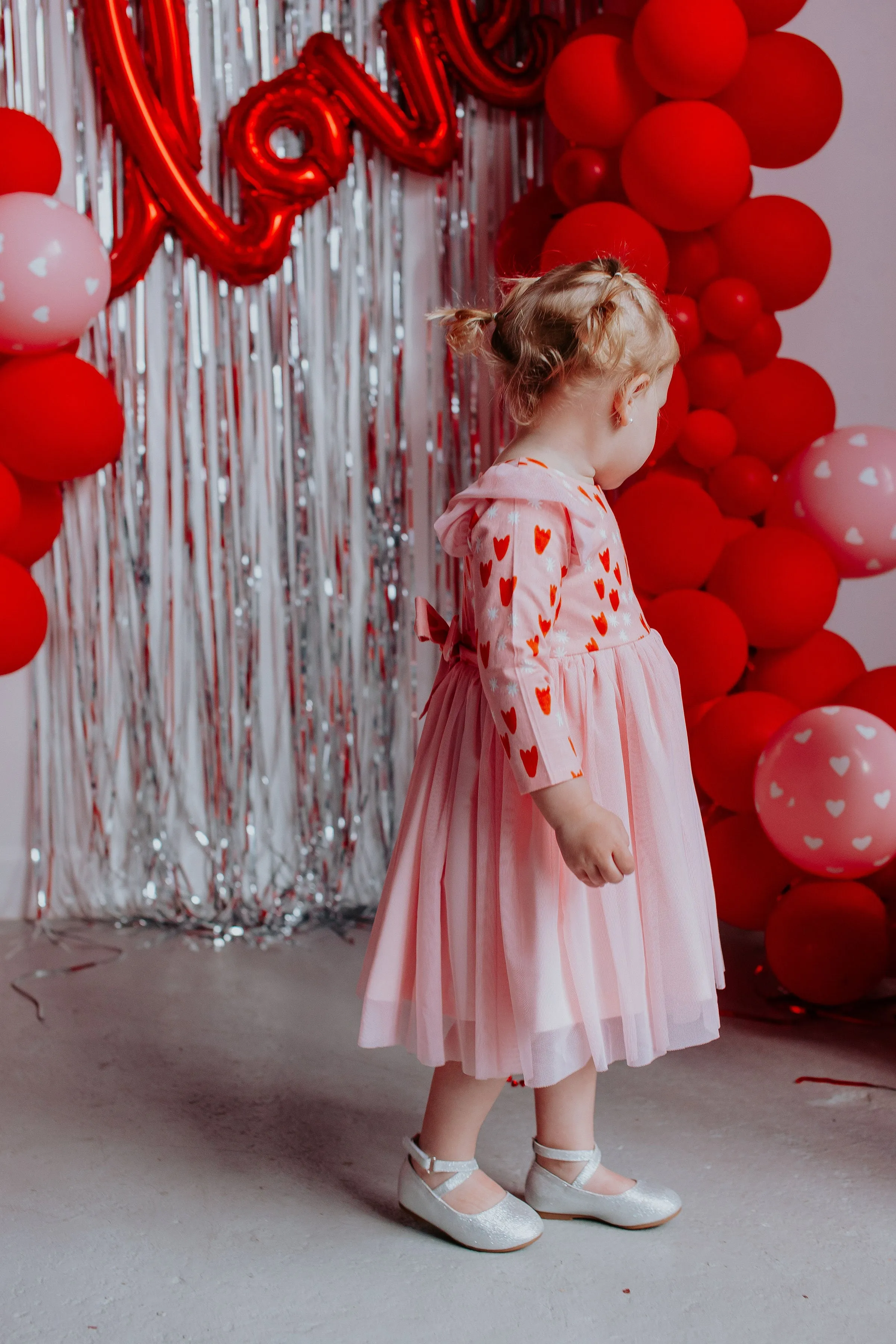 Little Girl's Pink and Red Tulip Hearts Cotton Twirl Dress with Pink Soft Tulle Skirt