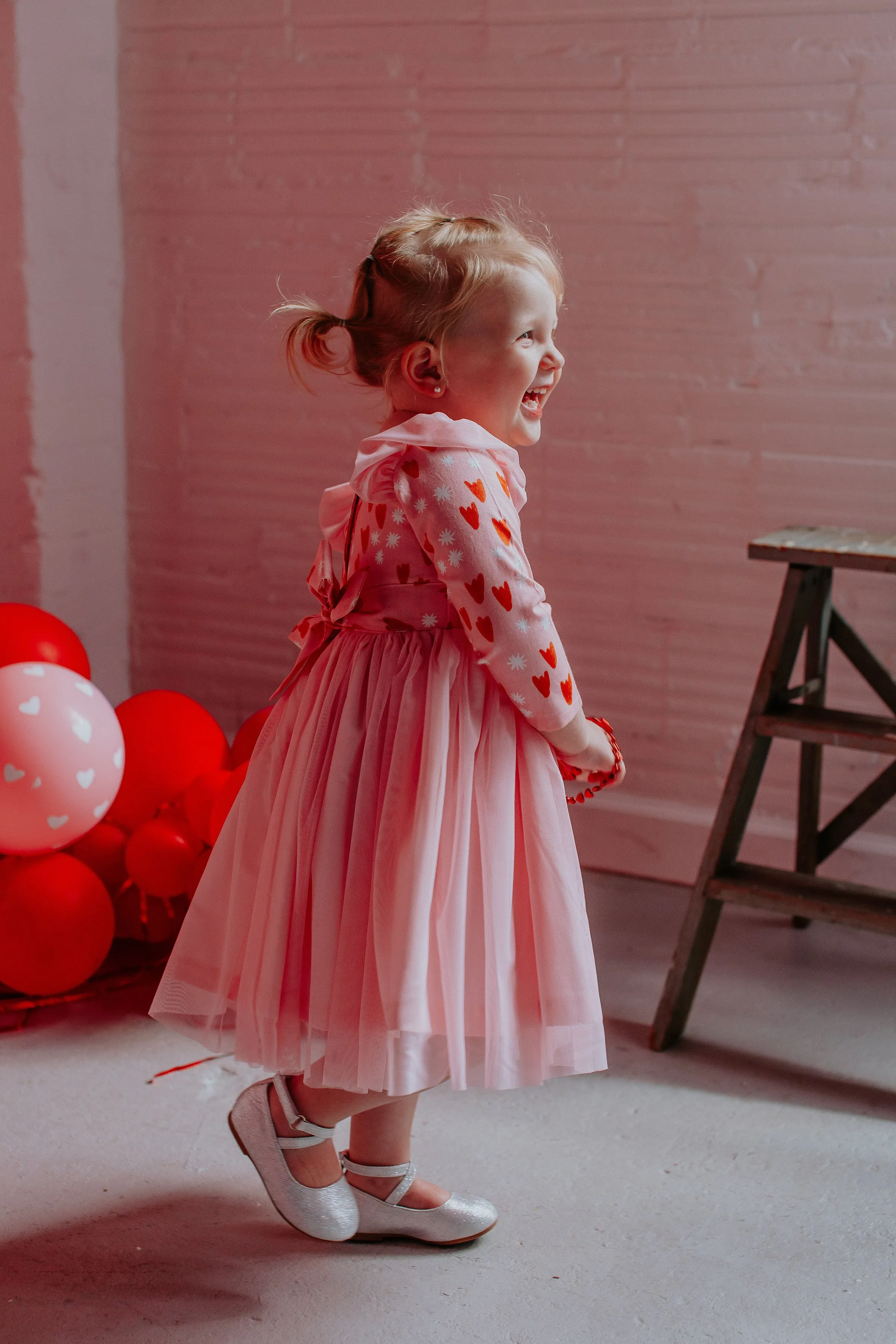 Little Girl's Pink and Red Tulip Hearts Cotton Twirl Dress with Pink Soft Tulle Skirt