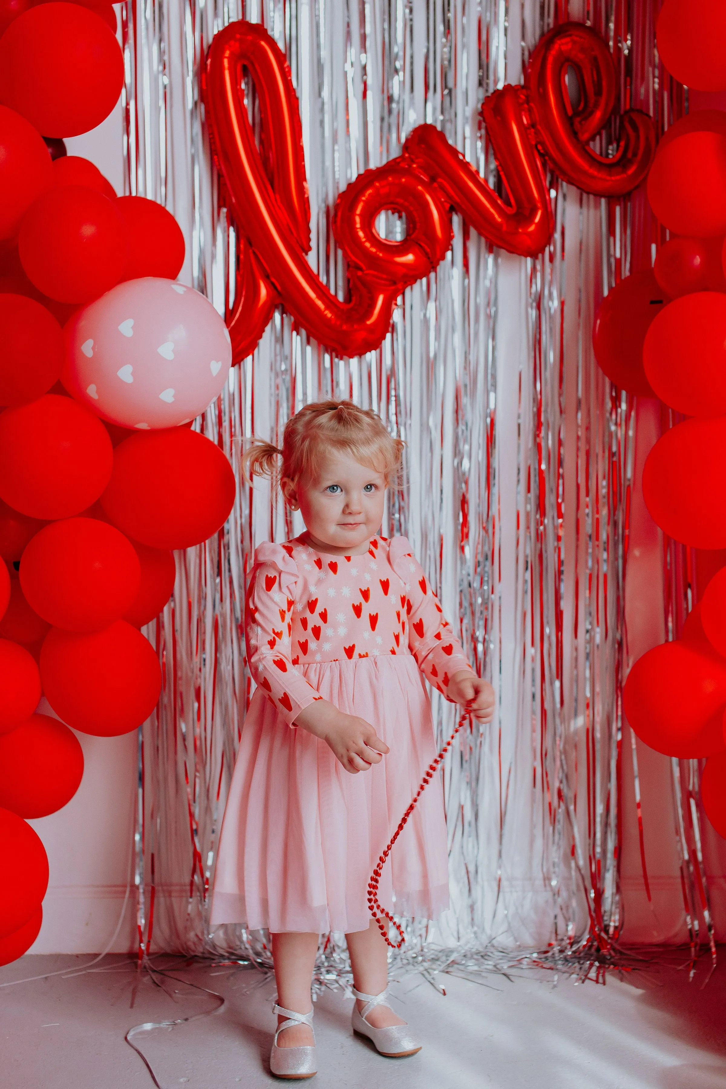 Little Girl's Pink and Red Tulip Hearts Cotton Twirl Dress with Pink Soft Tulle Skirt