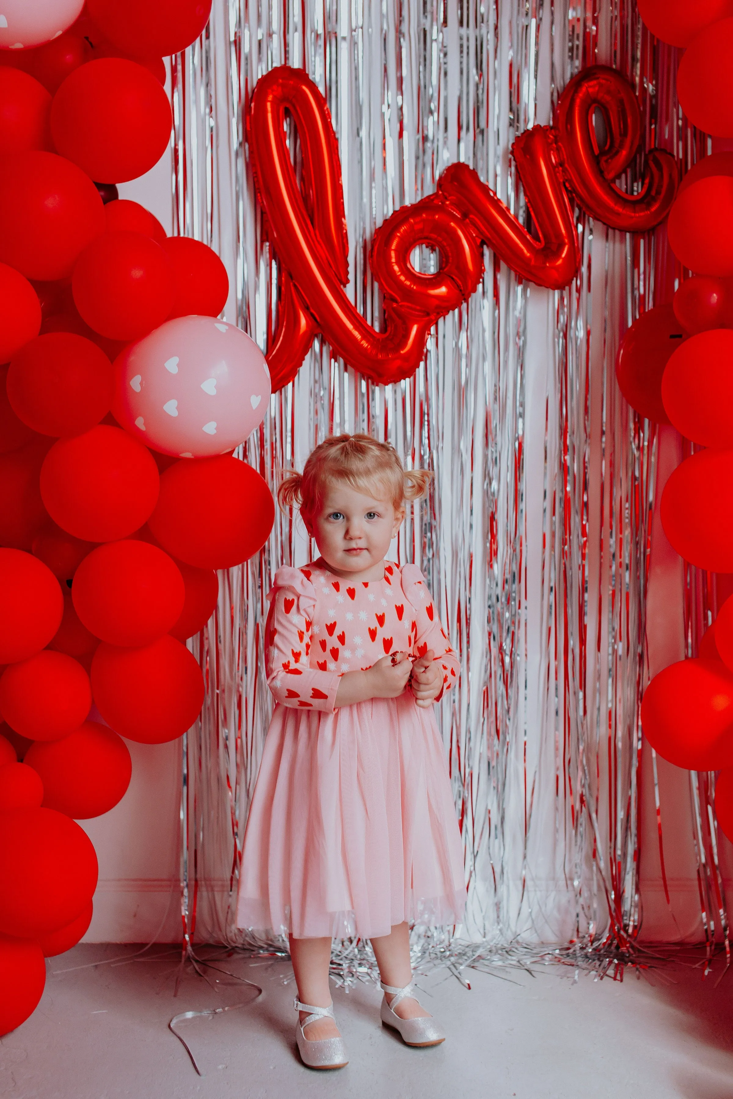 Little Girl's Pink and Red Tulip Hearts Cotton Twirl Dress with Pink Soft Tulle Skirt