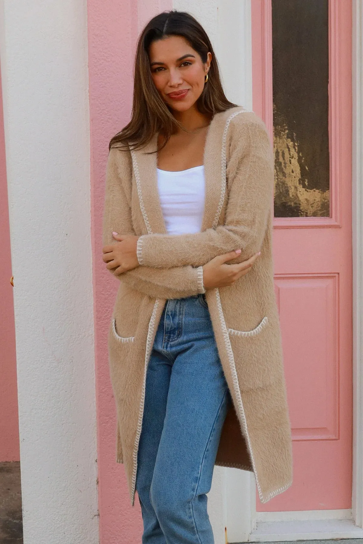 LOLA FLUFFY HOODED KNIT CARDIGAN LATTE