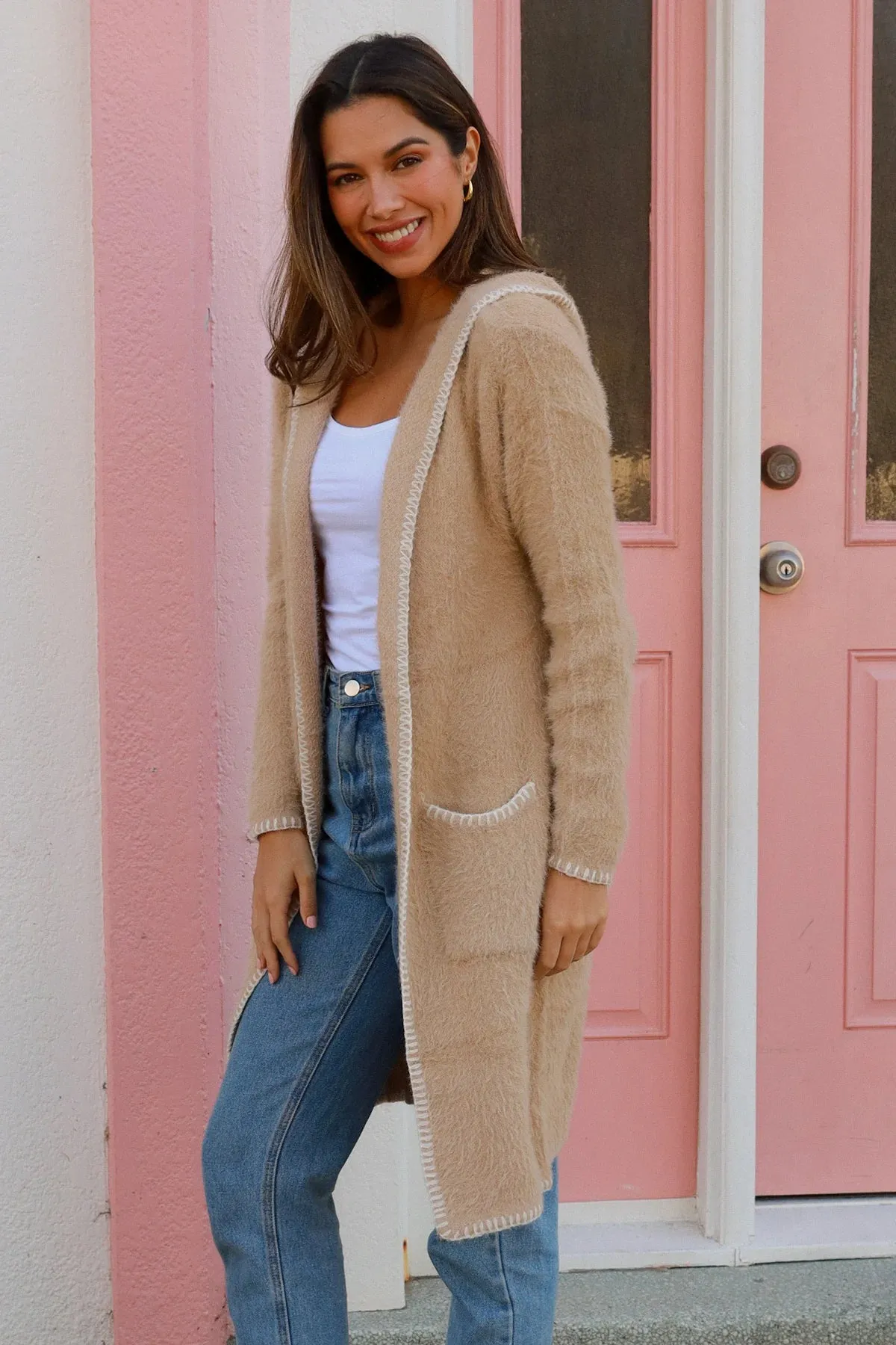 LOLA FLUFFY HOODED KNIT CARDIGAN LATTE