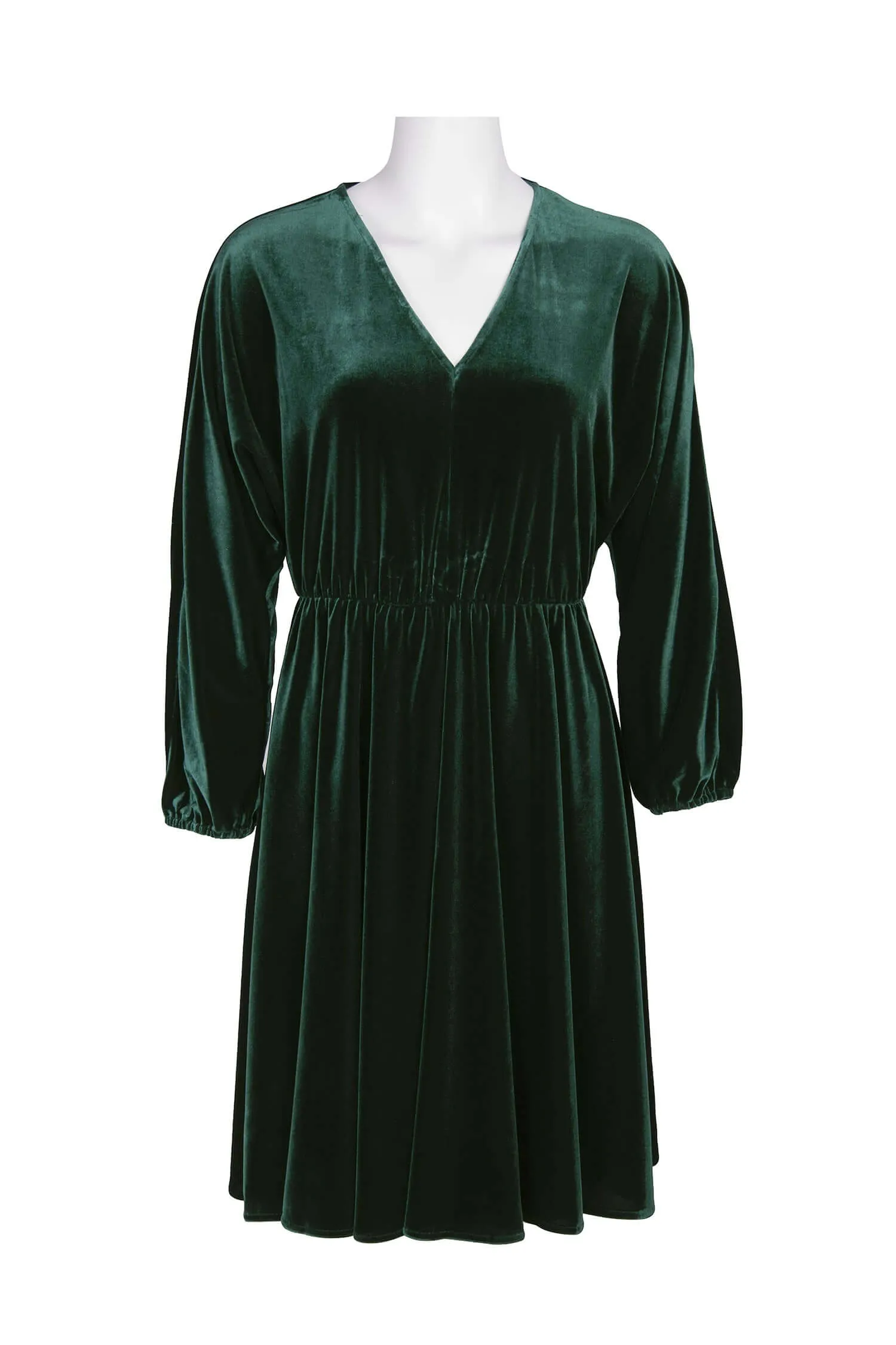 London Times V-Neck Elastic Cuff Long Sleeve Elastic Waist A-Line Velvet Dress