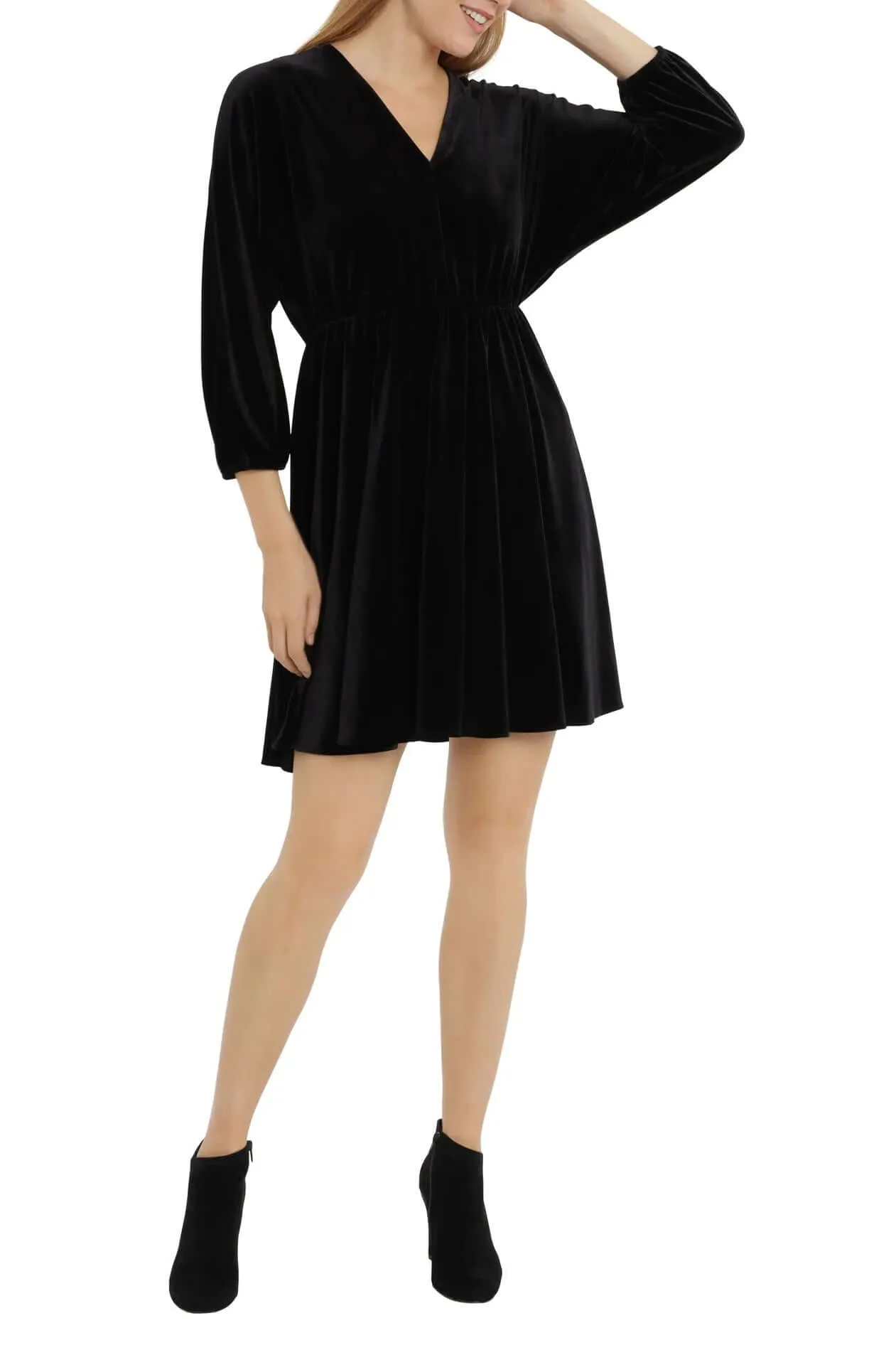 London Times V-Neck Elastic Cuff Long Sleeve Elastic Waist A-Line Velvet Dress