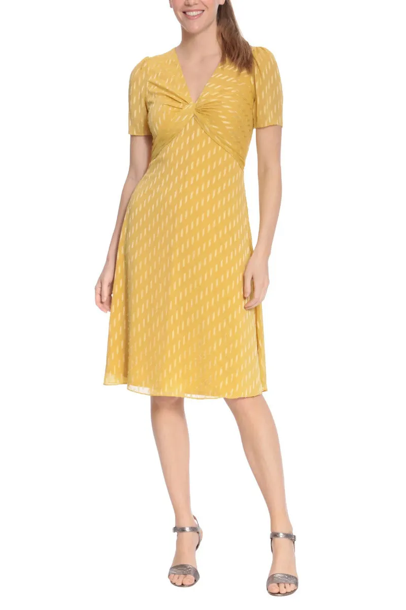London Times V Neck Short Sleeves Back Zipper Twist Front Detail Short Dress