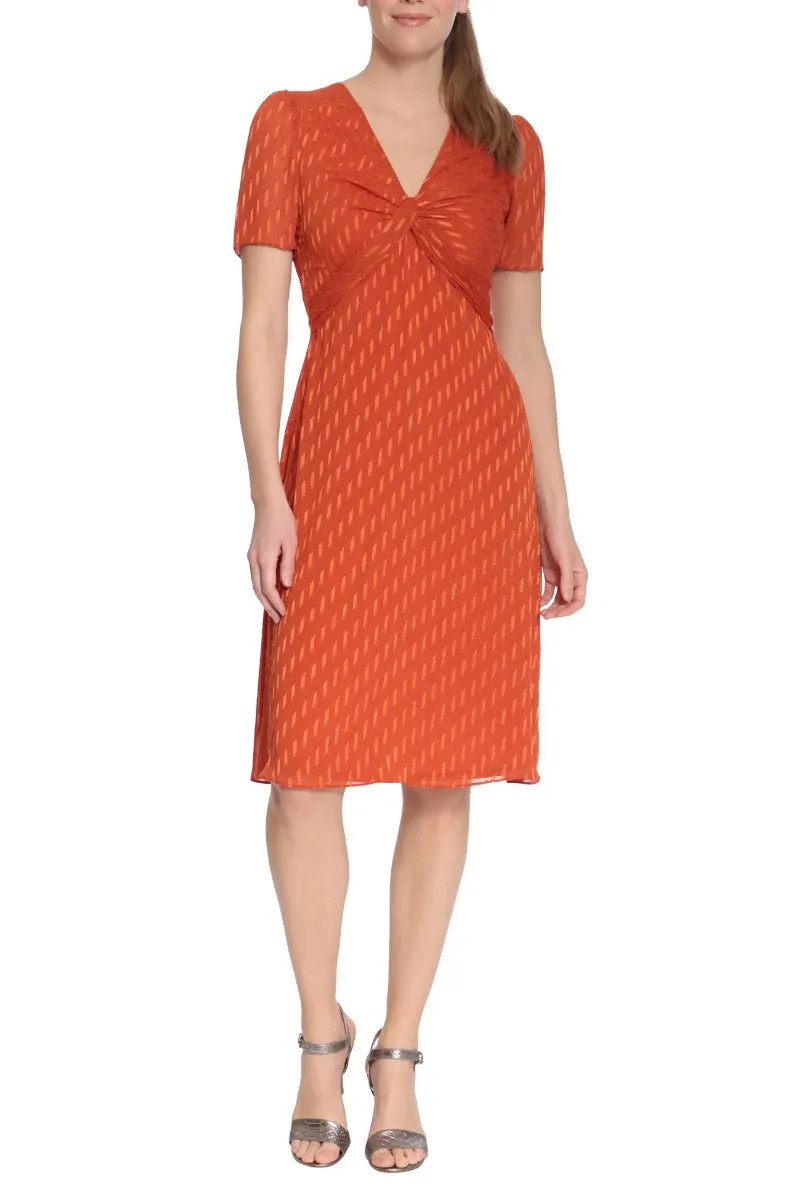 London Times V Neck Short Sleeves Back Zipper Twist Front Detail Short Dress
