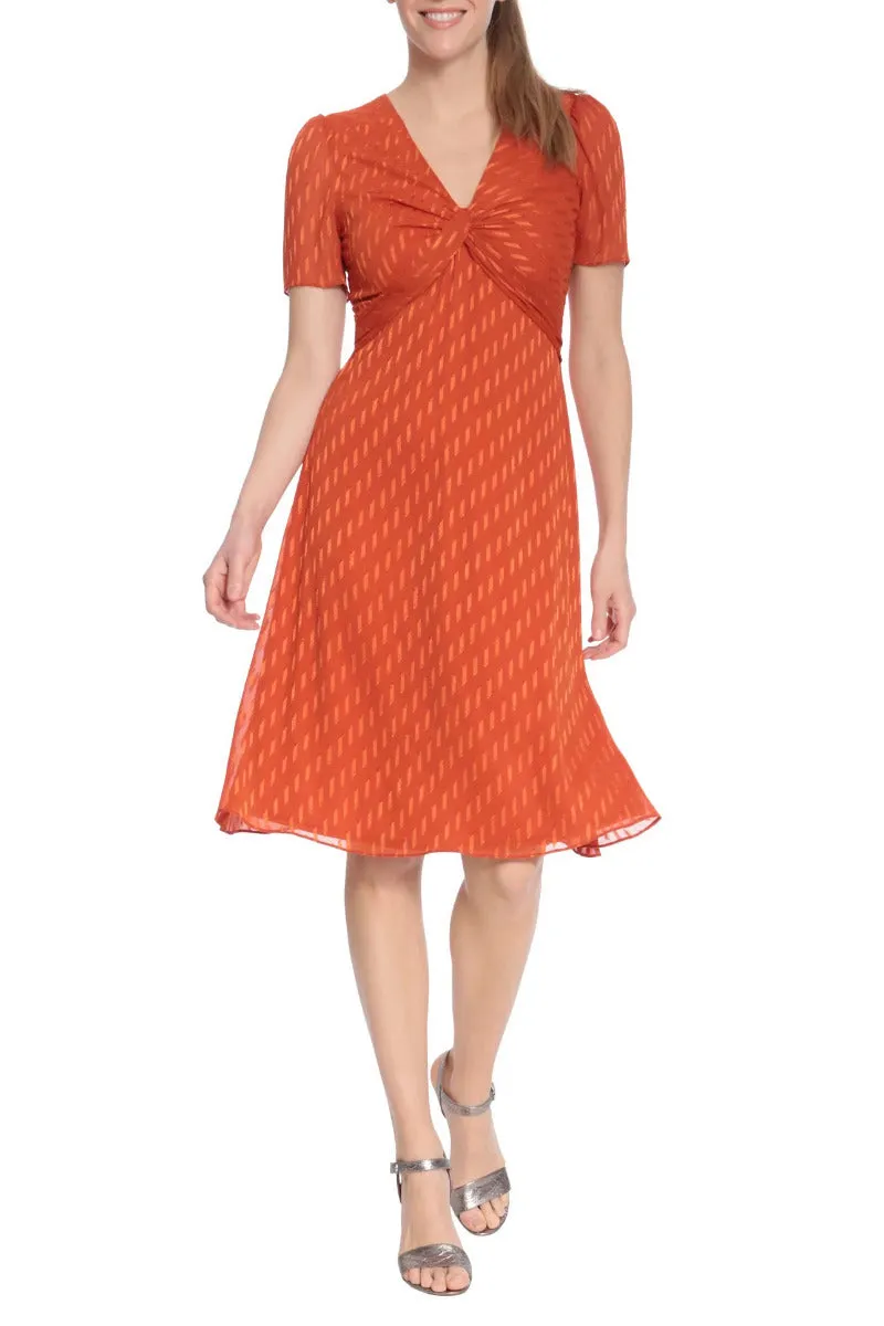 London Times V Neck Short Sleeves Back Zipper Twist Front Detail Short Dress