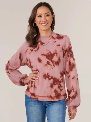Long Blouson Sleeve Mock Neck Side Overlap Rounded Hem Printed Sweater