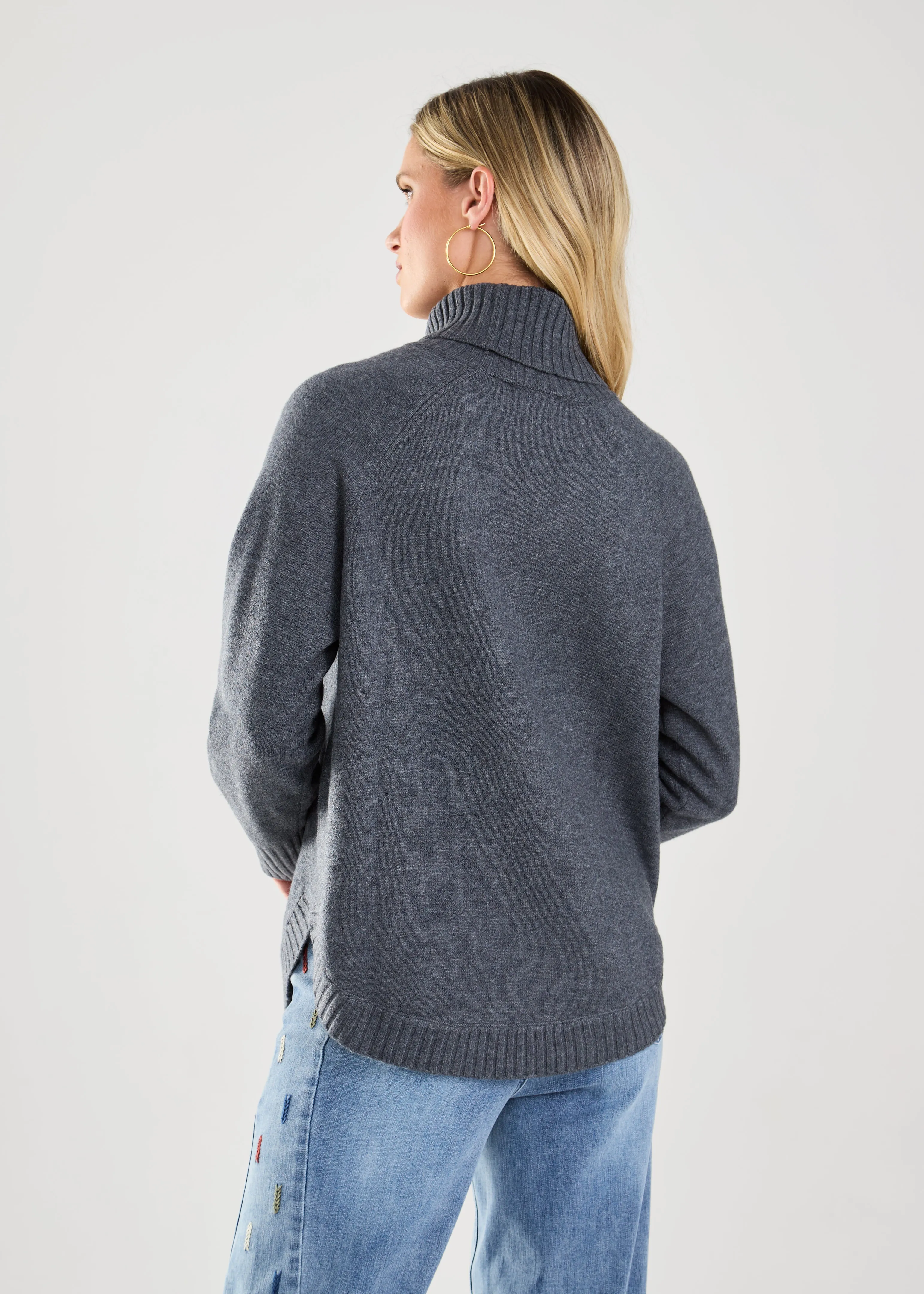 Long-Sleeve Cowl Neck Sweater, Dark Grey Heather