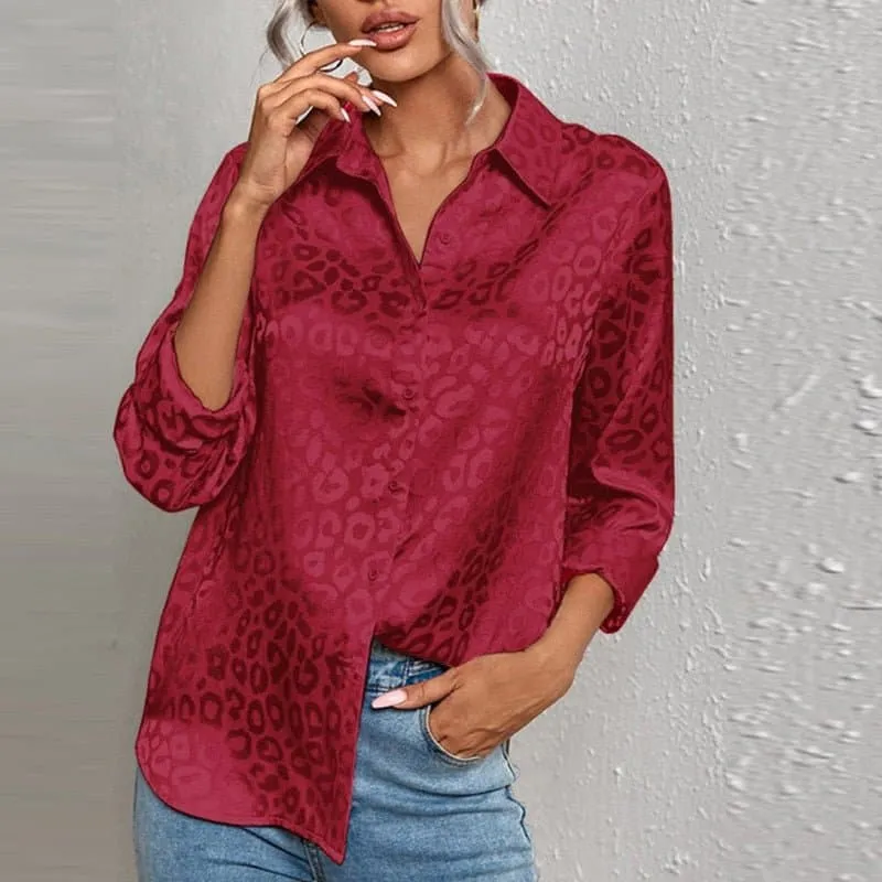 Long Sleeve Leopard Print Blouse with Luxurious Satin Finish