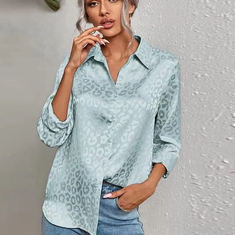 Long Sleeve Leopard Print Blouse with Luxurious Satin Finish