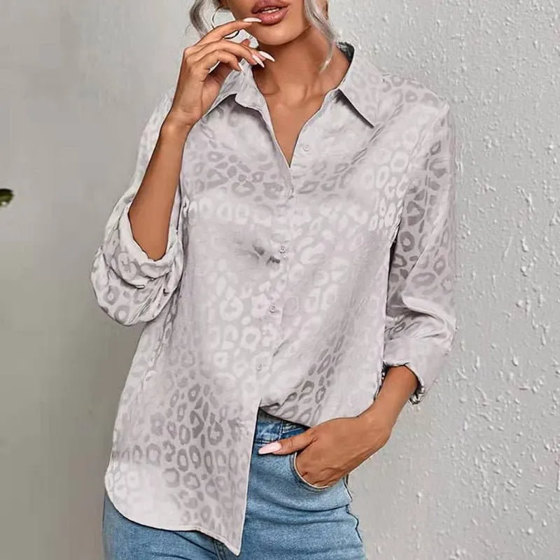 Long Sleeve Leopard Print Blouse with Luxurious Satin Finish