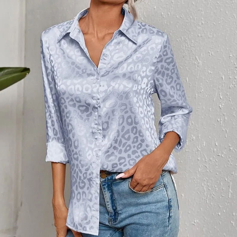 Long Sleeve Leopard Print Blouse with Luxurious Satin Finish