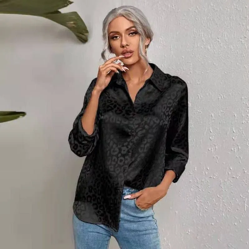 Long Sleeve Leopard Print Blouse with Luxurious Satin Finish