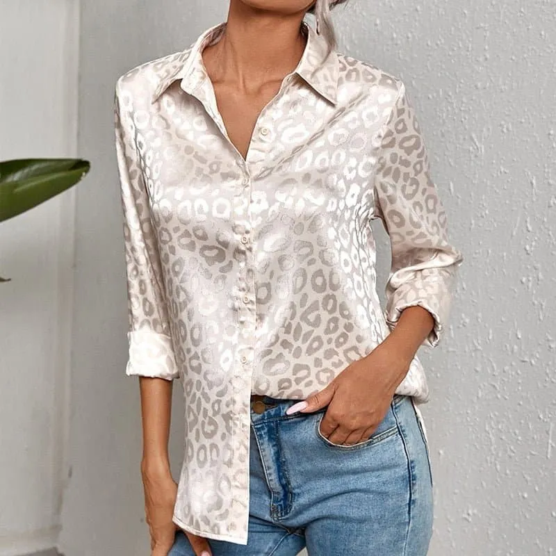 Long Sleeve Leopard Print Blouse with Luxurious Satin Finish