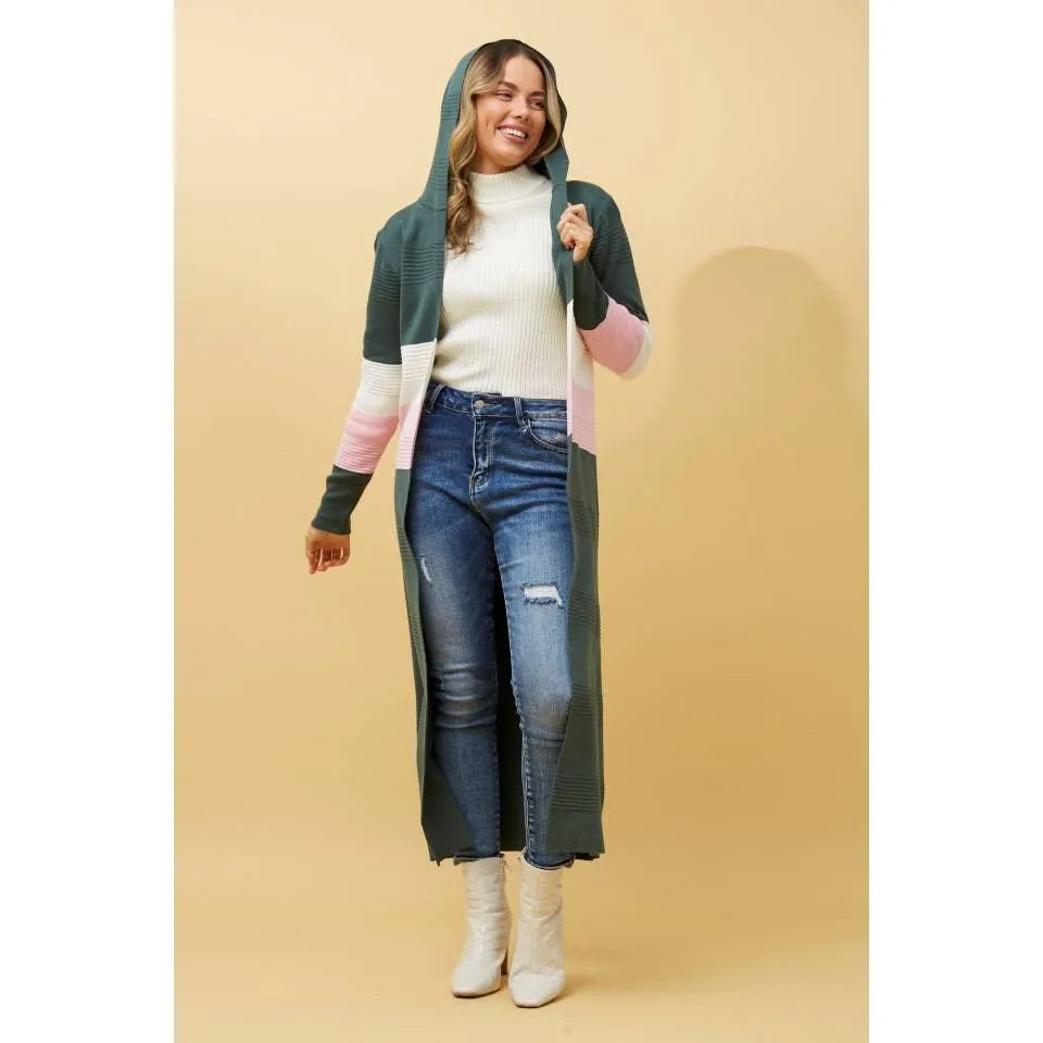 Long Sleeve Stripe Longline Knit Cardigan - Olive