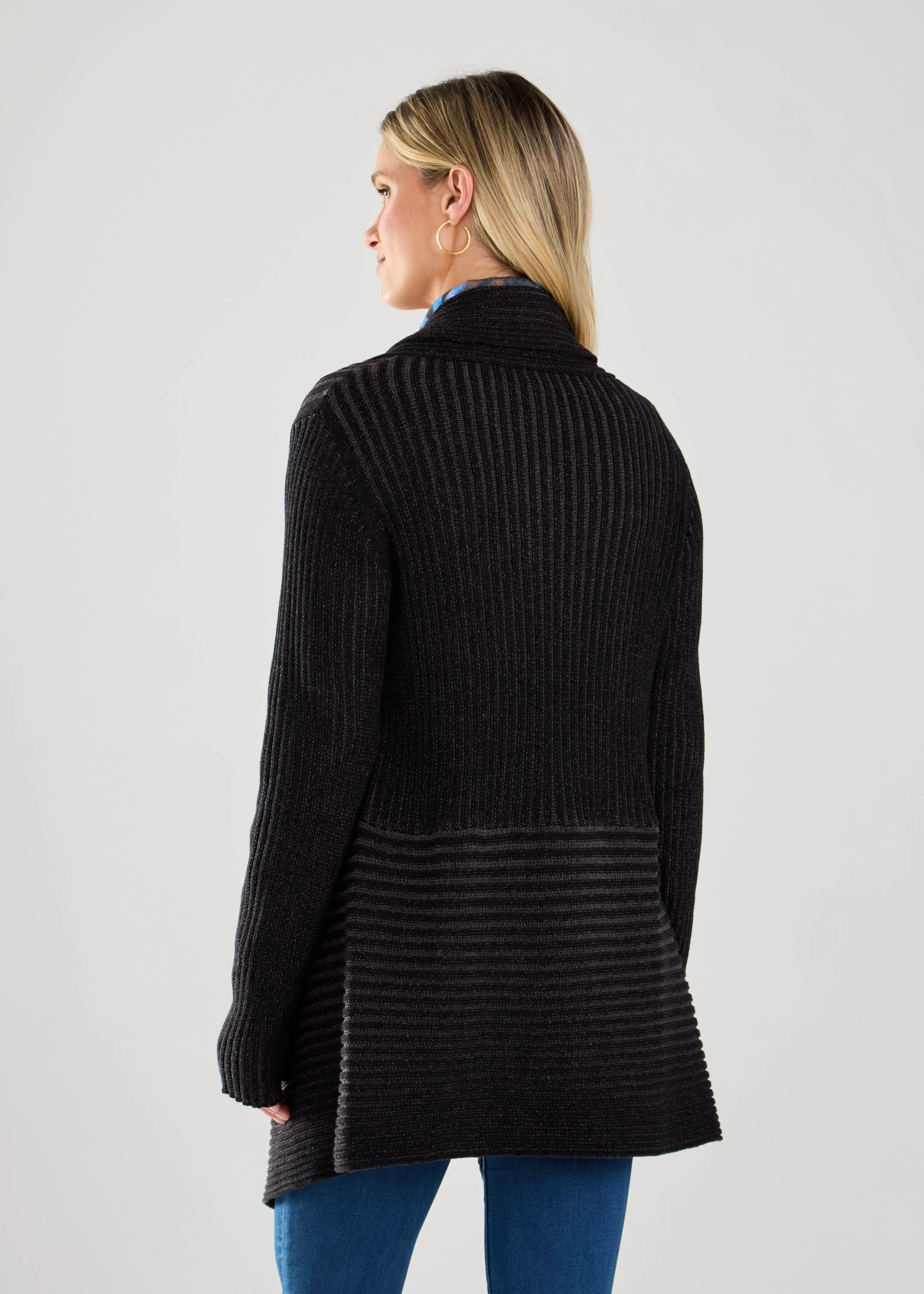 Long-Sleeve Two-Tone Cardigan, Black