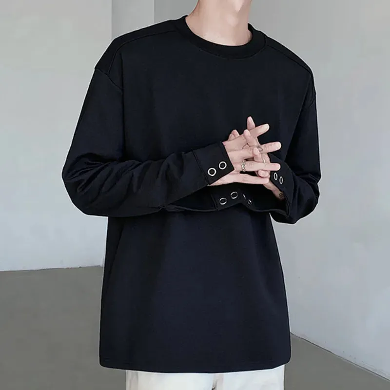 Long Sleeved T-shirt Cuff Design Round Neck Men Loose Versatile Base Solid Color Simple Korean Fashion Male Tops