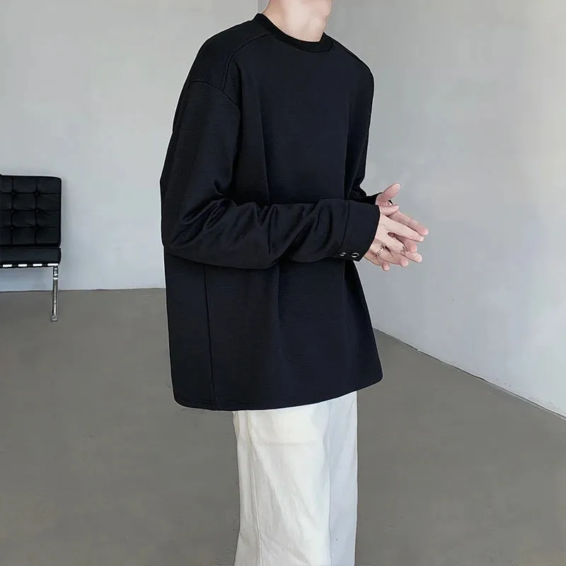Long Sleeved T-shirt Cuff Design Round Neck Men Loose Versatile Base Solid Color Simple Korean Fashion Male Tops
