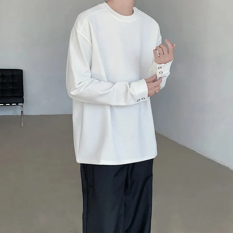 Long Sleeved T-shirt Cuff Design Round Neck Men Loose Versatile Base Solid Color Simple Korean Fashion Male Tops