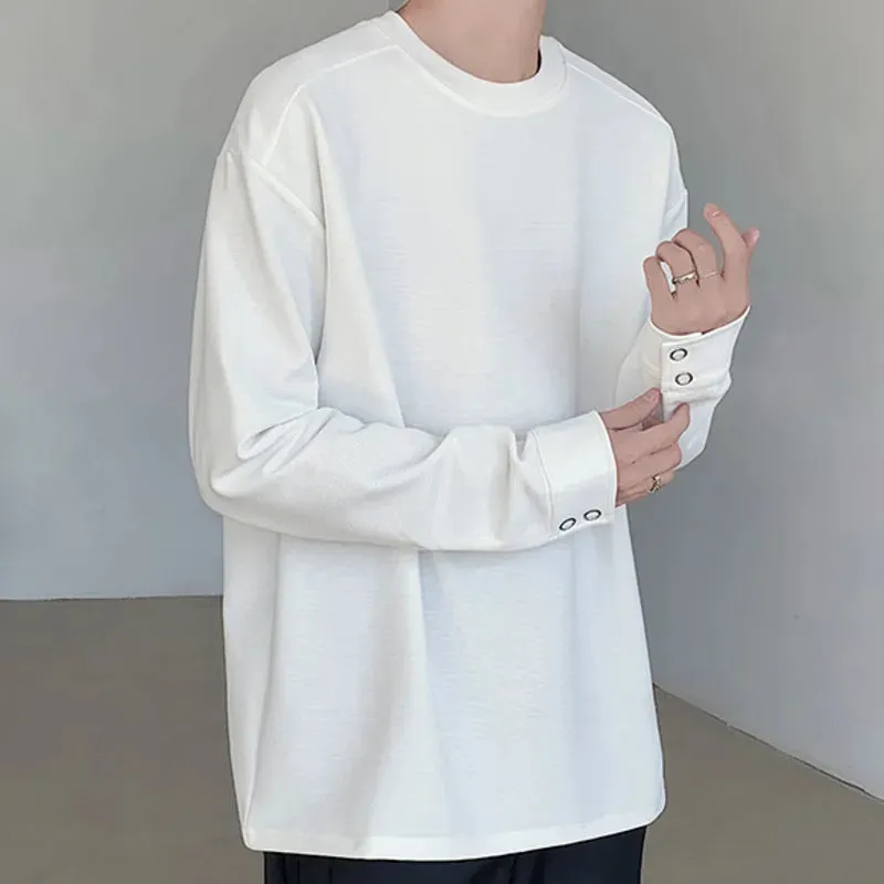 Long Sleeved T-shirt Cuff Design Round Neck Men Loose Versatile Base Solid Color Simple Korean Fashion Male Tops