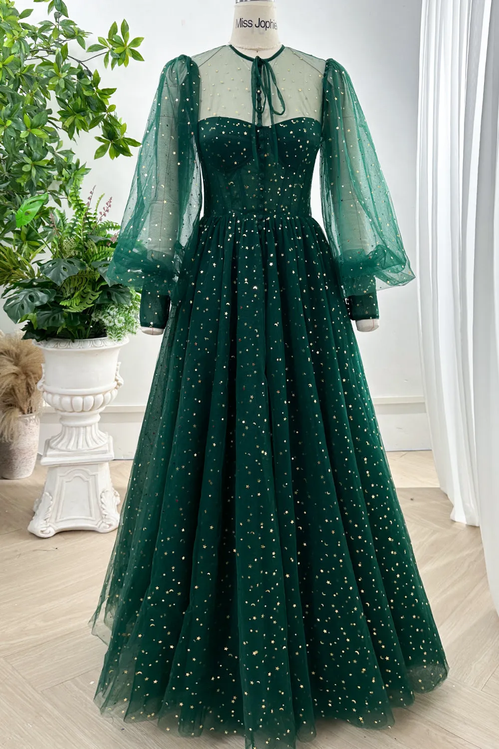 Long Sleeves Illusion Corset Dark Navy Dress with Slit