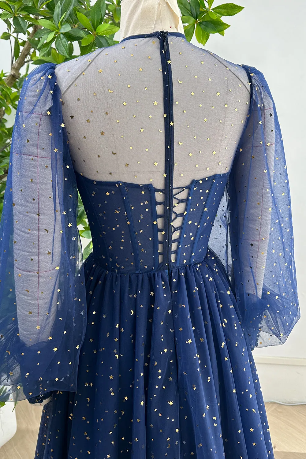 Long Sleeves Illusion Corset Dark Navy Dress with Slit