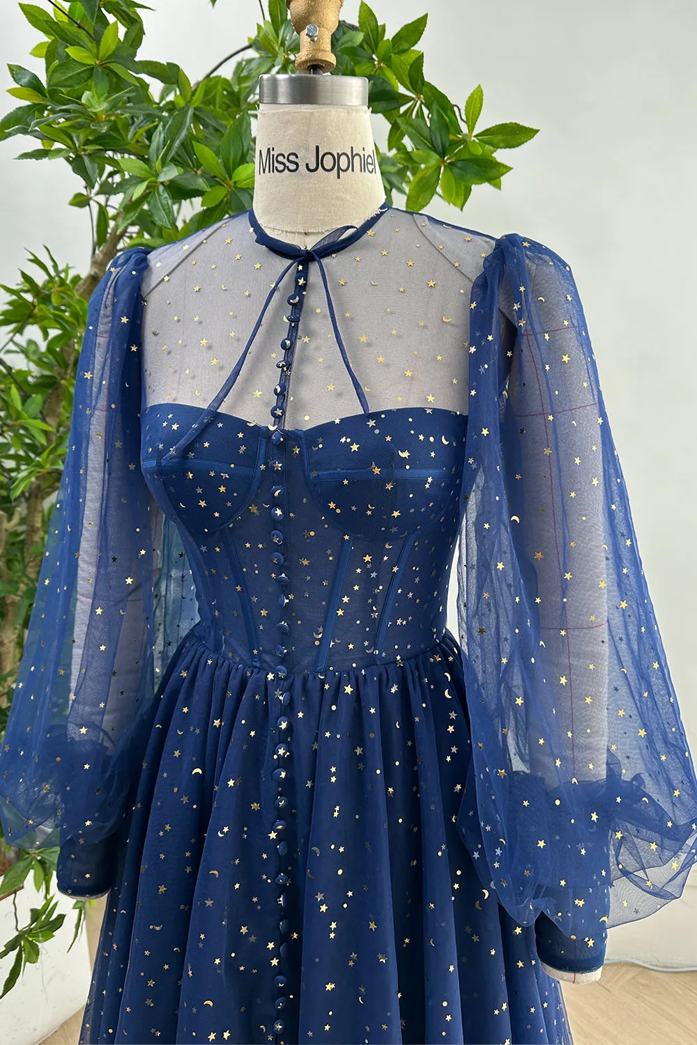 Long Sleeves Illusion Corset Dark Navy Dress with Slit