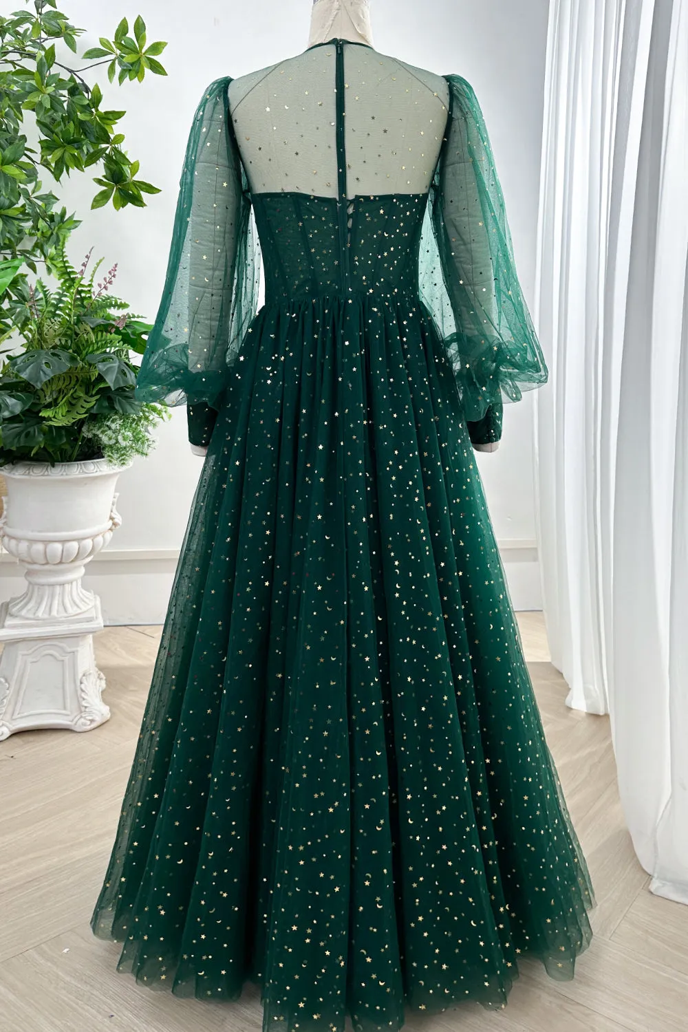 Long Sleeves Illusion Corset Dark Navy Dress with Slit