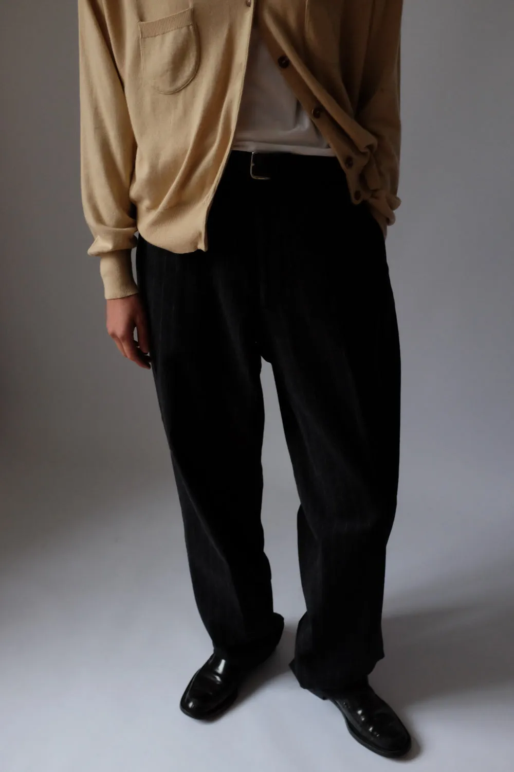 LONG WARM PINSTRIPED ANTHRACITE COTTON PANTS