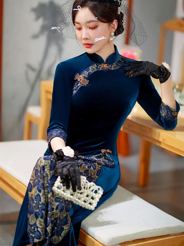 Loose-Fit Improved Vintage Mid-length Sleeve Velvet Cheongsam Dress for Women