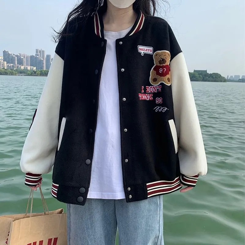 Loose Fit Thickened Preppy Style Varsity Jacket