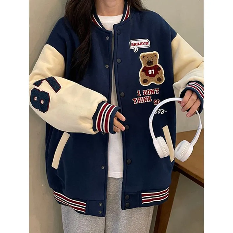 Loose Fit Thickened Preppy Style Varsity Jacket