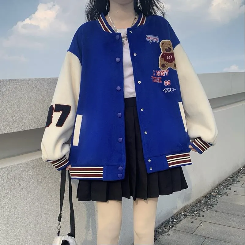 Loose Fit Thickened Preppy Style Varsity Jacket
