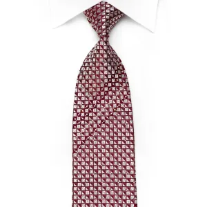 Louis Quatorze Men's Crystal Silk Necktie Silver Geometric On Burgundy With Silver Sparkles