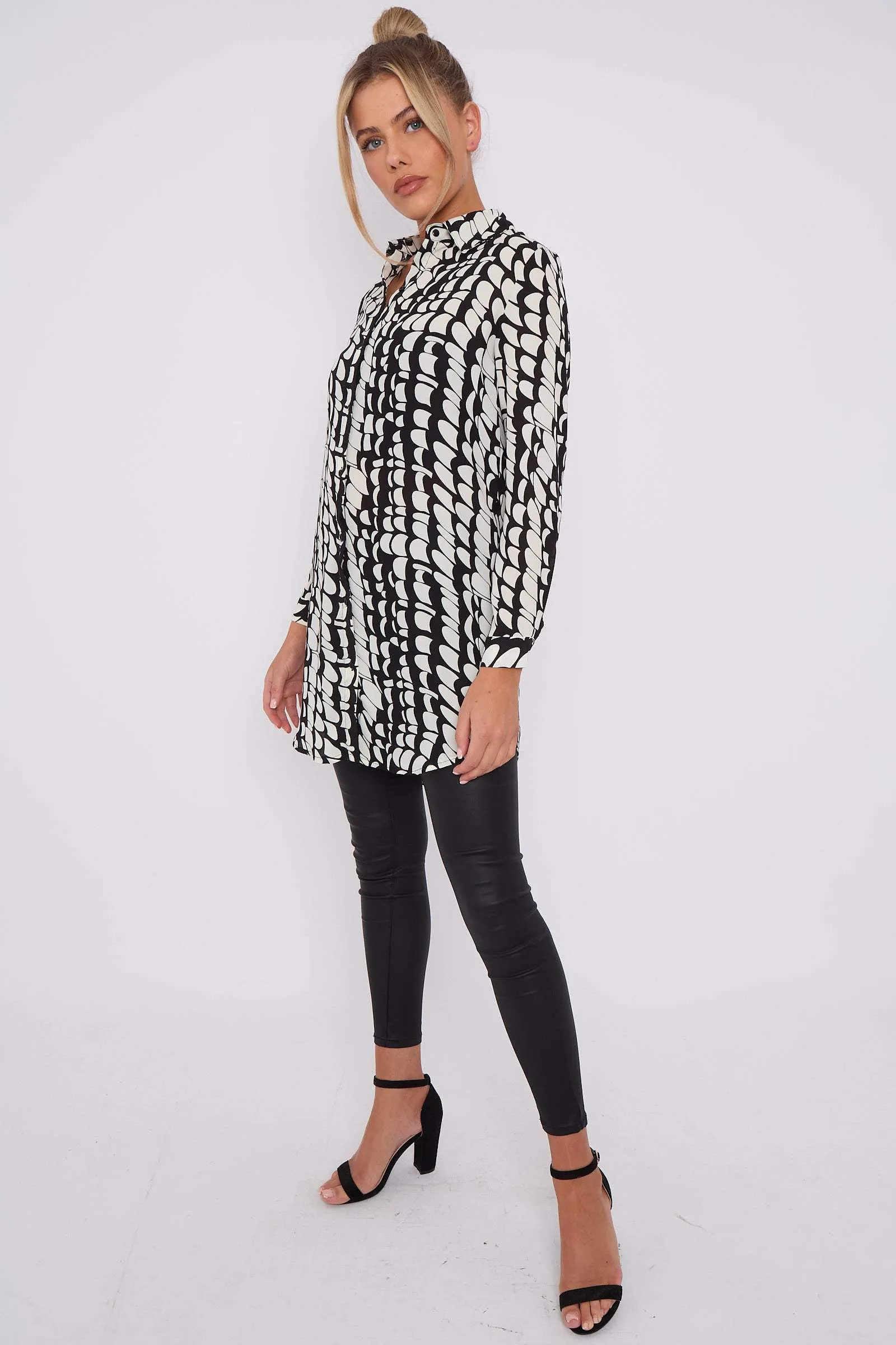 LOVE SUNSHINE Black Geo Print Chiffon Long Shirt