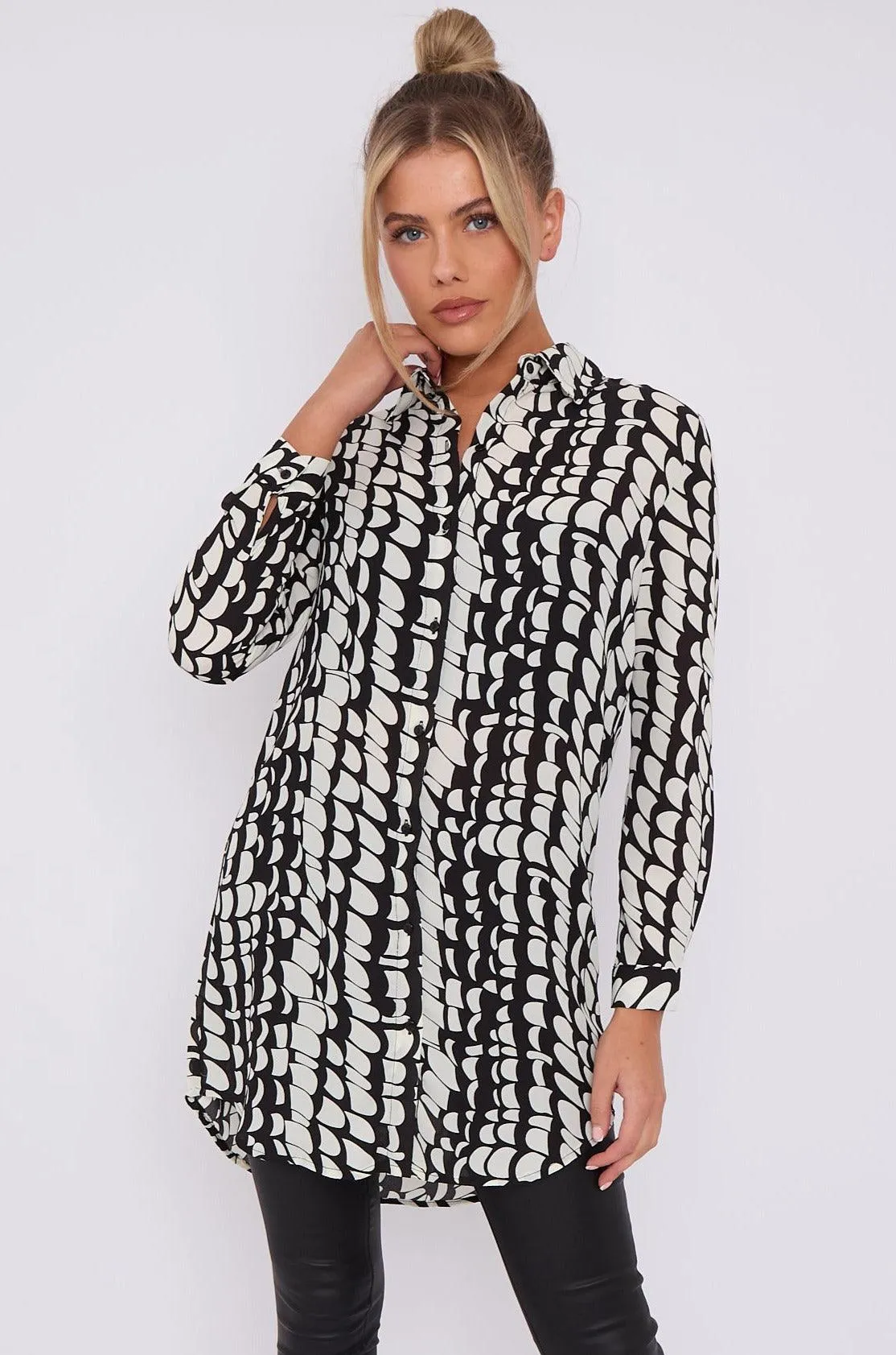 LOVE SUNSHINE Black Geo Print Chiffon Long Shirt