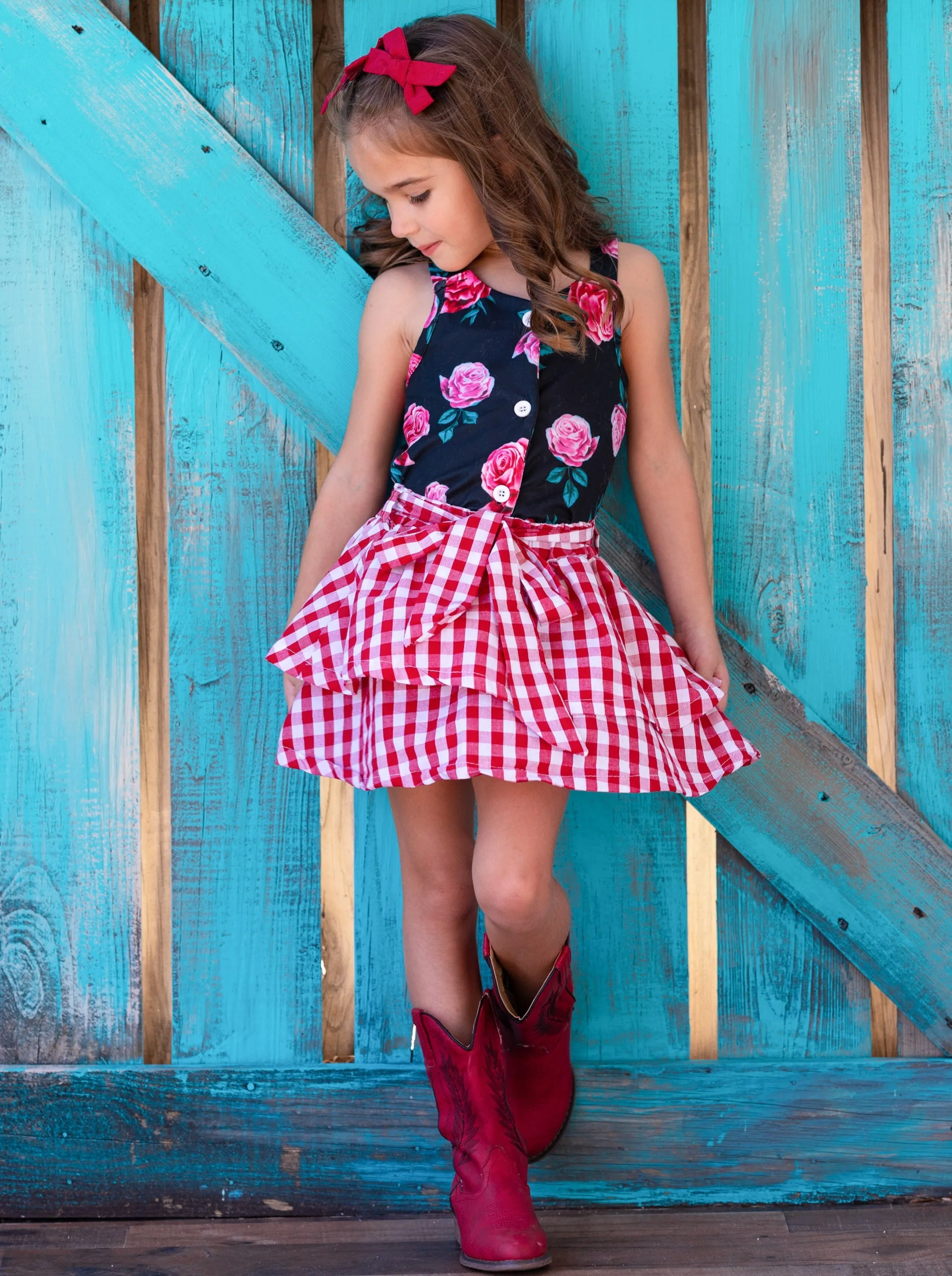 Lovely Mash Up Plaid Tiered Skirt Set