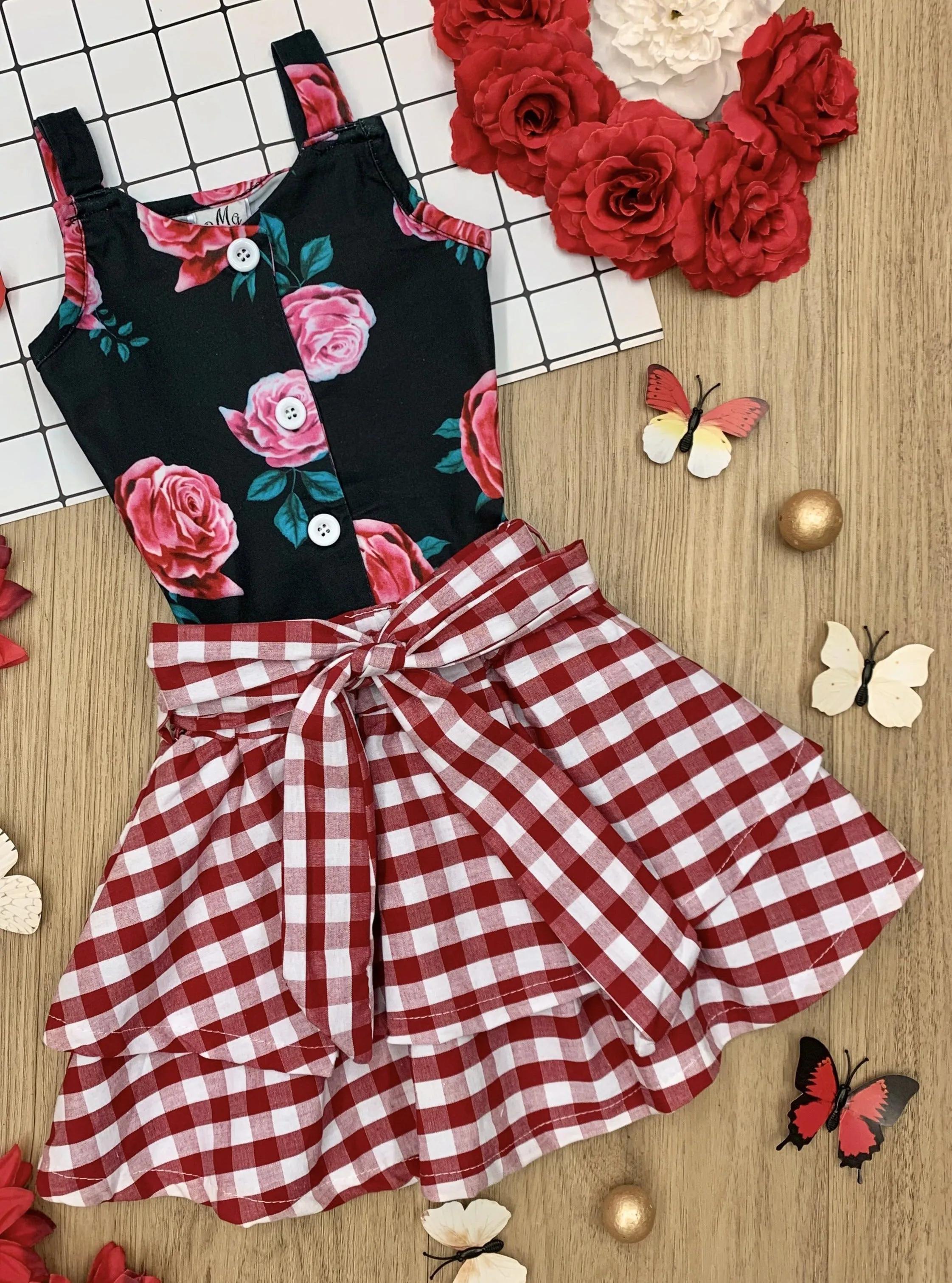 Lovely Mash Up Plaid Tiered Skirt Set