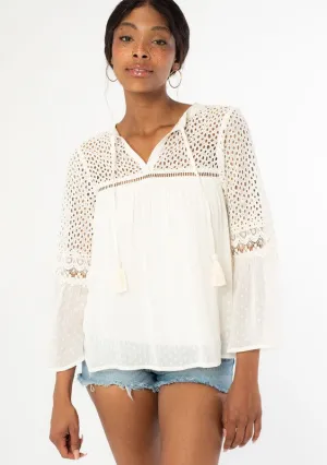 Lovestitch Bohemian Dobby Mesh Bell Sleeve Peasant Top