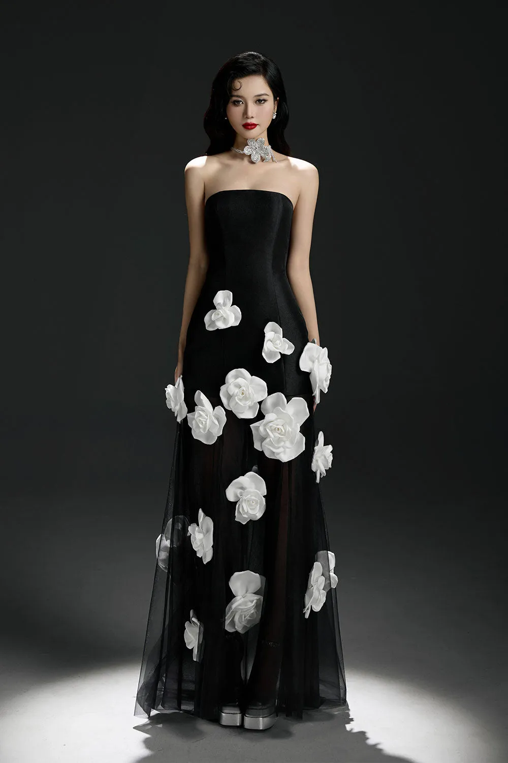 Lucie Rose A-line Flower Applique Mesh Taffeta Floor Length Dress
