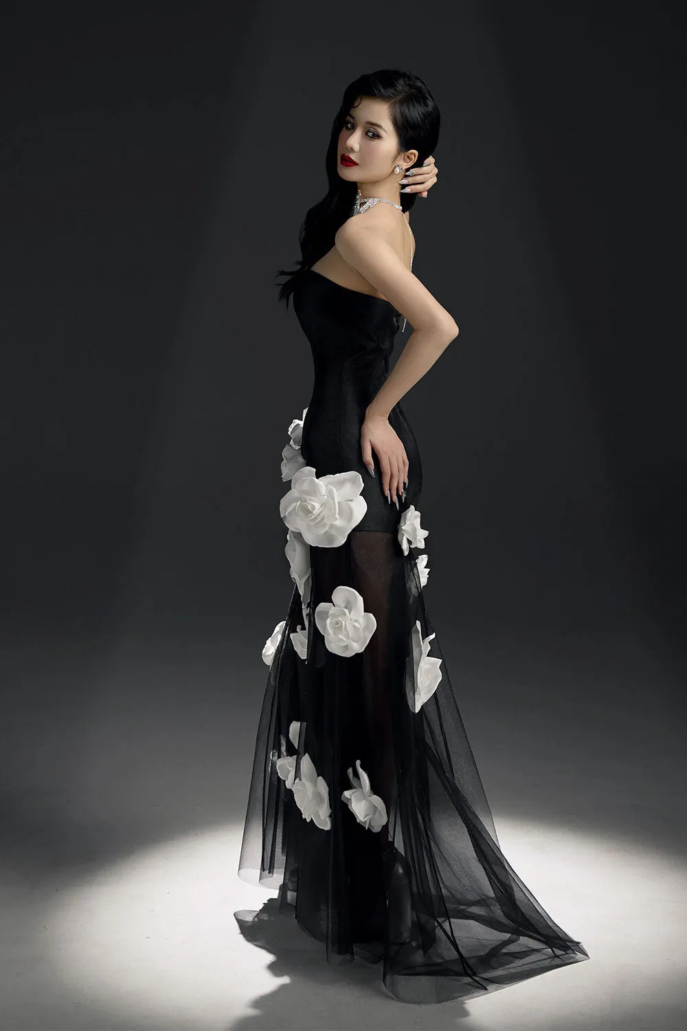 Lucie Rose A-line Flower Applique Mesh Taffeta Floor Length Dress