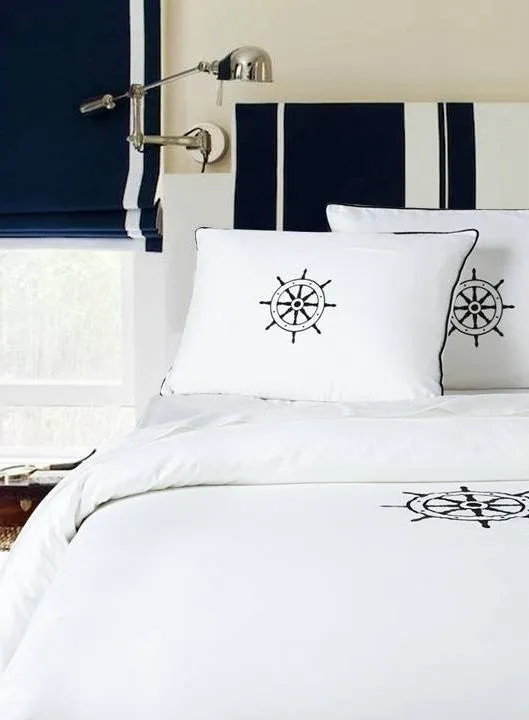 Luxe Nautique Bedding: Embroidered Ship's Wheel Bedding